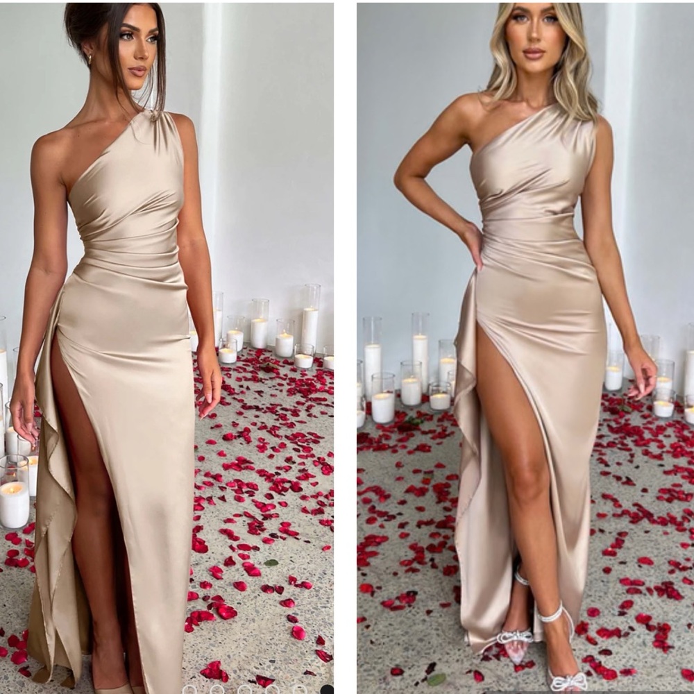 BABYBOO Women’s Ariel Champagne One Shoulder Draped Goddess Maxi Gown Dress Sml